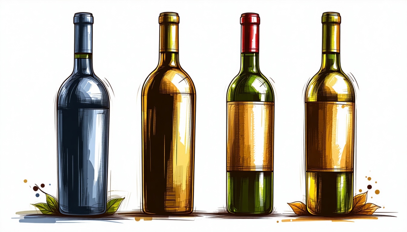4 hand drawnsketched bottles of wine in a gold color make sure this is a png style image with an empty background-1